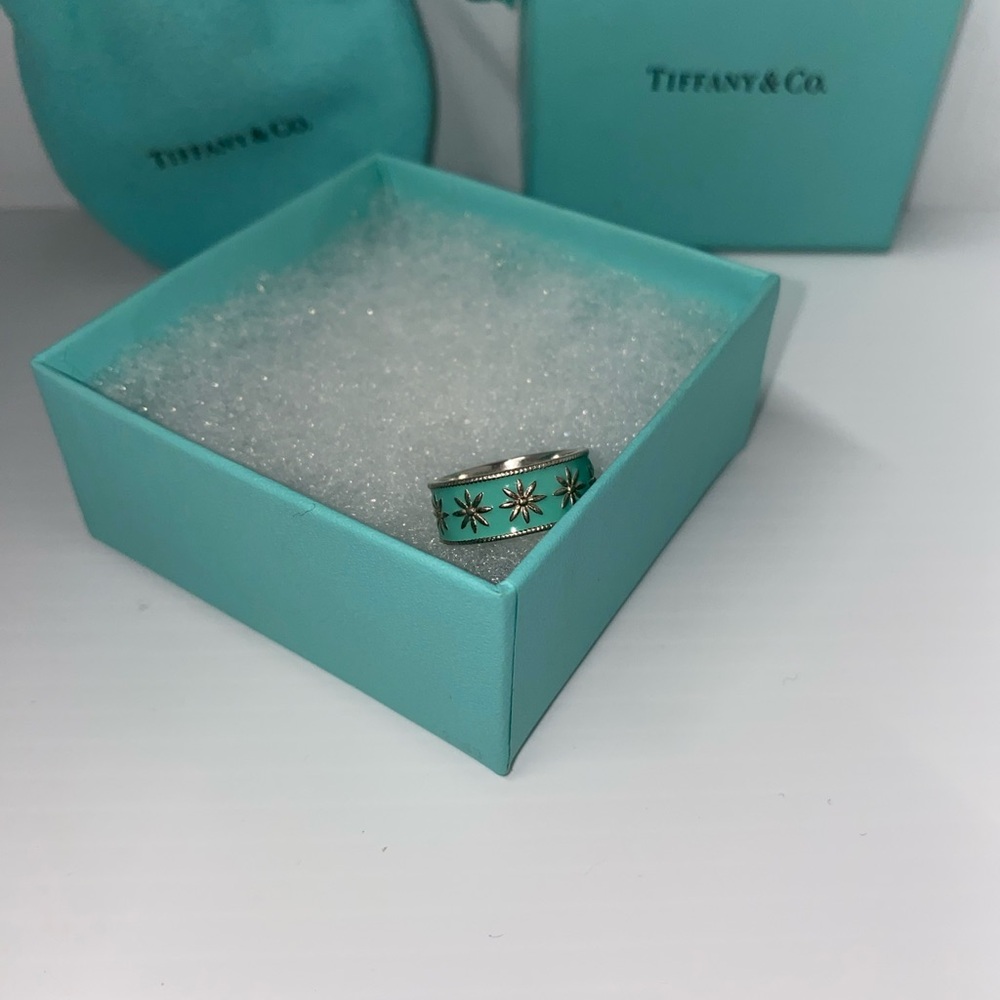 Tiffany & Co. Blue Enamel Daisy Flower Sz 5 Band Ring Sterling Silver w/ Box